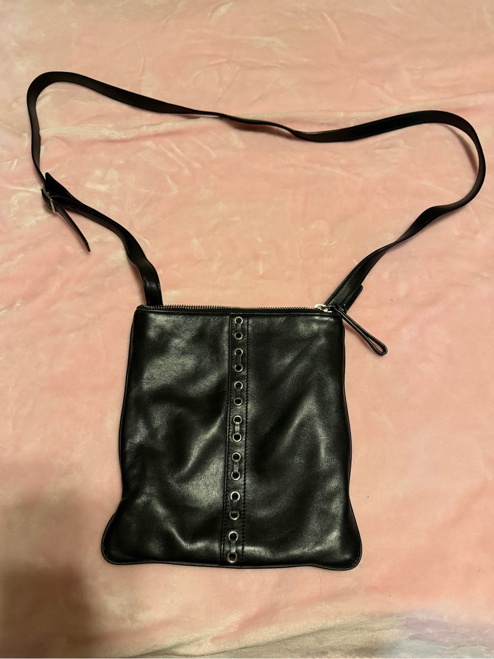 Coach Black Leather Crossbody with Eyelet Center Trim